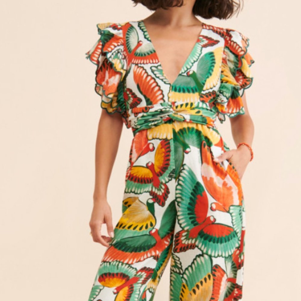 FARM Rio Ruffle-Sleeve Linen Jumpsuit Tropical - Picture 2 of 15